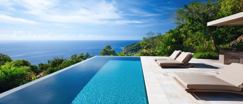 A private infinity pool overlooking a tropical paradise with luxury lounge chairs
