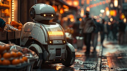 Obraz premium A dynamic shot of a delivery worker and a robotic delivery vehicle working together to deliver packages in a busy urban area. The scene captures the efficiency of the process,