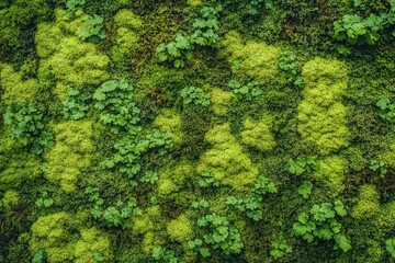 Close-up surface of the wall covered with green moss. Modern eco friendly decor made of colored stabilized moss. with generative ai