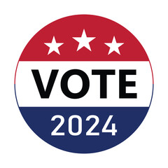 vote 2024 button. usa presidential election pin badge for campaign, design element. vote icon symbol with american flag color and star. transparent png and vector illustration.