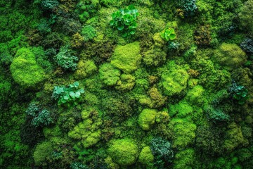 Close-up surface of the wall covered with green moss. Modern eco friendly decor made of colored stabilized moss. with generative ai