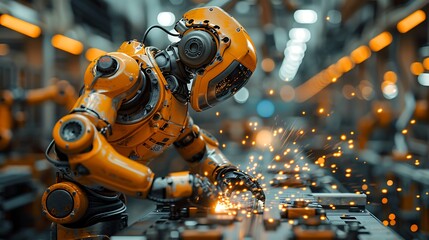 A dynamic shot of an engineer overseeing a robotic arm performing welding in a busy factory. The scene captures the sparks and light from the welding process,