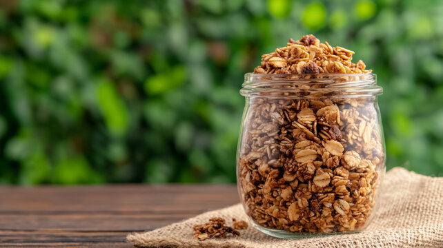 Honey flavored granola in a glass jar with a burlap sack market stall background rustic feel 