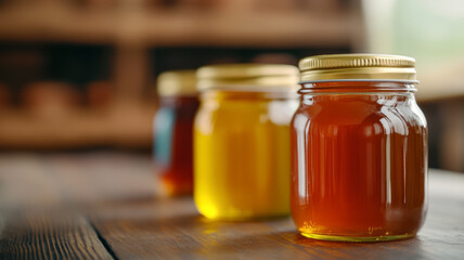 Honey sticks with vibrant labels in a mason jar rustic wooden stall background farm market setting 