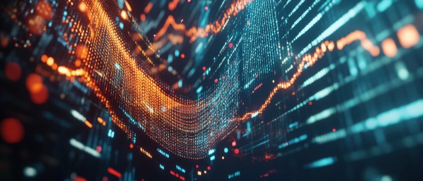 A 3D rendering of investment funds flowing through a network of financial systems