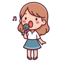 Cute little girl kid standing singing karaoke competition.  Performing song with emotions. Kindergarten child with vocal and music talent