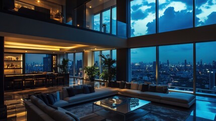 A lavish penthouse with panoramic city views adorned in modern luxury decor