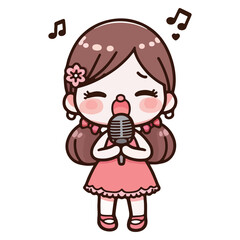 Cute little girl kid standing singing karaoke competition.  Performing song with emotions. Kindergarten child with vocal and music talent