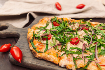 Italian Pizza With Anchovy And Capers On Wooden Board