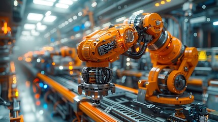 A futuristic factory setting where a maintenance technician is carefully adjusting the sensors on an industrial robot. The environment is filled with advanced machinery and bright, even lighting,
