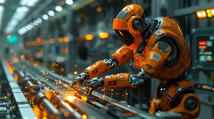A futuristic factory setting where a robotic arm is precisely welding metal parts while an engineer supervises the process. The environment is clean and organized,