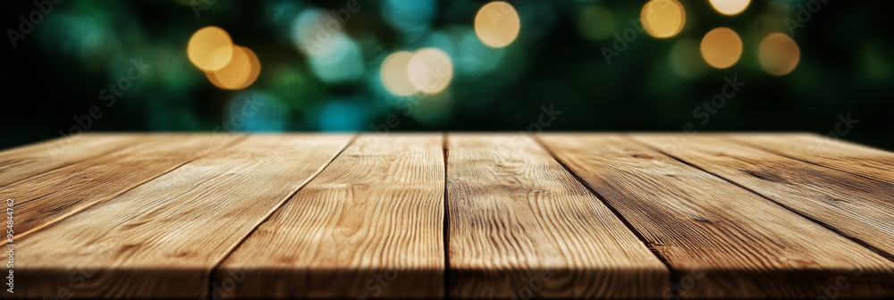 Wall mural Light oak wooden table with a soft focus neutral bokeh background offering a clean modern look 