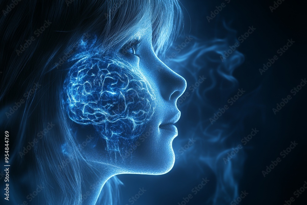 Wall mural Neuroendocrinology Oxytocin release Profile of a woman with a glowing brain symbolizing the inner workings of creativity and the brilliance of human intellect