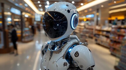 A futuristic retail store where a store employee is working alongside a customer service robot to guide shoppers. The robot is actively helping customers locate products,