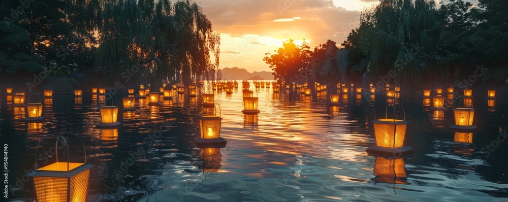 Wall mural floating lanterns on a river at dusk, 4k hyperrealistic photo