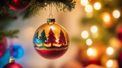 Obraz premium Christmas Ornament with Pine Tree Design Golden Bauble Festive Decoration