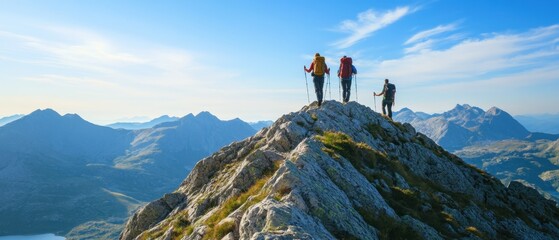 Hikers reaching the summit of a mountain with breathtaking views and clear skies
