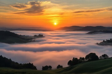 Fototapeta premium A mesmerizing sunrise over a landscape blanketed in a sea of clouds, with rolling hills and distant mountains emerging through the mist, creating a peaceful and ethereal scene