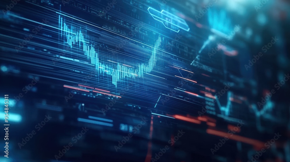 Poster animated sequence of financial indicators and currency symbols moving across a digital interface, a 