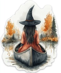 Young witch on canoe - Halloween sticker isolated on white background