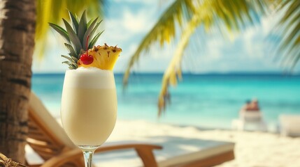 Tropical Pina Colada on a Beach Lounger with Ocean View. AI generated illustration
