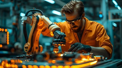 A high-resolution image of a maintenance technician working on an industrial robot in a modern factory. The technician is using specialized tools to adjust the robot's mechanical parts,