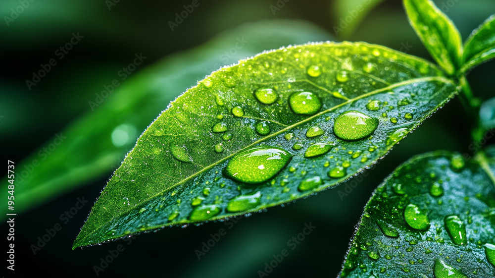 Poster Macro image of morning dew on a green leaf with tiny reflections of the sunrise 