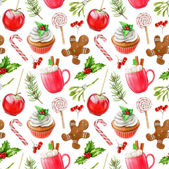 Winter season vintage style traditional treats and sweets seamless pattern. Watercolor painted illustration. Hand drawn cupcake, gingerbread man, caramel apple, candy cane elements isolated.