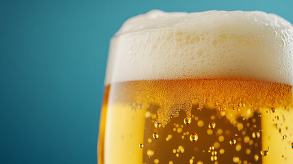 Macro shot of a chilled Oktoberfest beer with foam sliding down the glass capturing golden liquid and tiny bubbles 