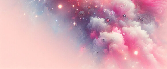 Fototapeta premium Rainbow unicorn pastel background with glitter stars. Pink fantasy sky. Holographic space with bokeh. Fairy iridescent gradient backdrop. Vector 