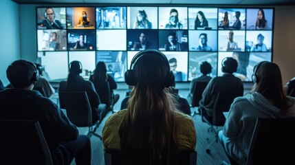 Fototapeta premium People Watching Video Screens in Dark Room