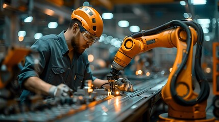 A high-resolution photograph of a human technician working closely with a robotic arm on an assembly line, both focused on assembling a complex machine part. The background shows a bustling,