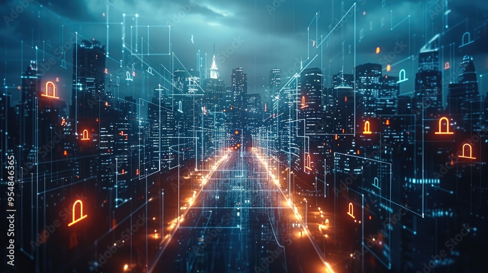 Poster concept of it securities. technology, city, data. generative ai.