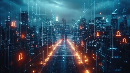 Fototapeta premium Concept of IT securities. technology, city, data. Generative AI.