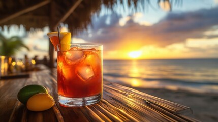 Tropical Rum Punch on Bamboo Bar with Caribbean Sunset. AI generated illustration