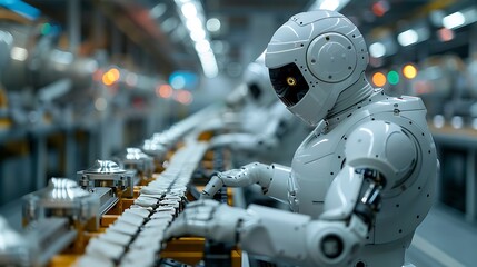 Fototapeta premium A high-tech factory scene where a maintenance technician is troubleshooting an issue with an industrial robot. The environment is filled with advanced machinery, and the bright,