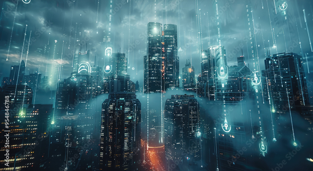 Aufkleber concept of it securities. technology, city, data. generative ai.
