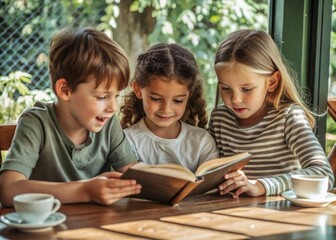 Cute children boy and two girls reading a book together at a table in a cafe during a break