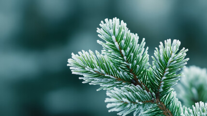 Macro shot of pine needles covered in frost with soft bokeh background 