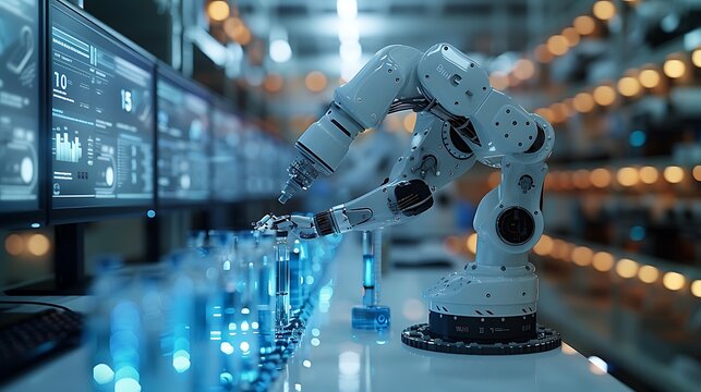 A high-tech laboratory where a scientist is using a robotic arm to perform detailed experiments. The robotic arm is shown carefully handling test tubes and lab equipment,