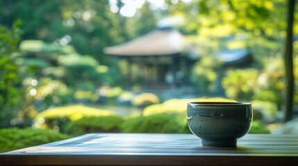 Serene Sake in Traditional Ceramic Cup with Japanese Garden View. AI generated illustration