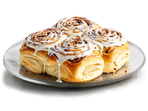 Autumn breakfast cinnamon rolls with cream cheese icing served on a transparent glass plate sweet