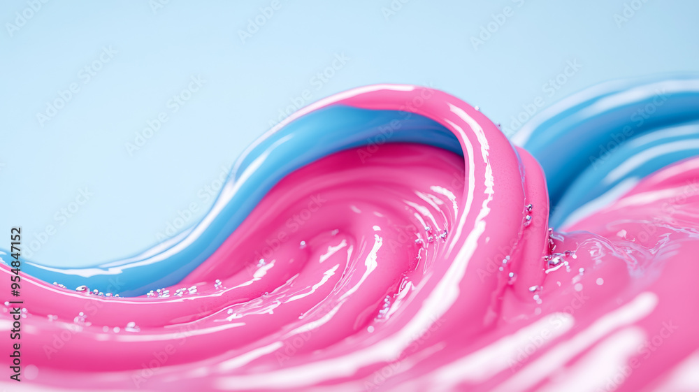 Sticker Macro shot of vibrant liquid color waves mixing blue and pink with dynamic swirling patterns 