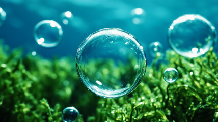 Macro shot of underwater bubbles clinging to green seaweed strands 