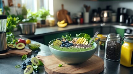 A serene kitchen scene with a smoothie bowl and healthy ingredients neatly arranged