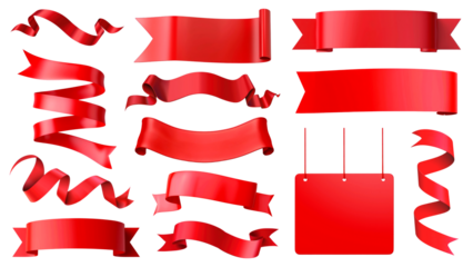 PNG red ribbon banner element set, transparent background