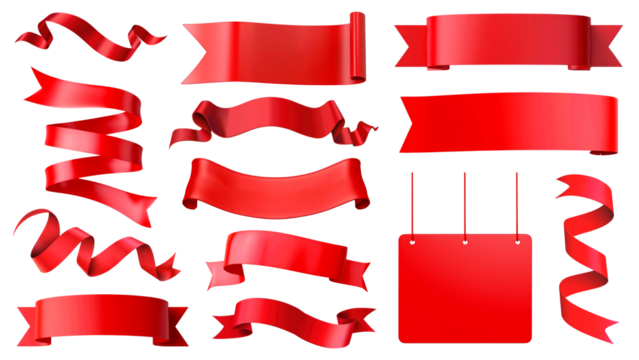 PNG red ribbon banner element set, transparent background