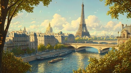 29. **Depict the Eiffel Tower with a backdrop of the Seine River and Parisian buildings along its banks.**