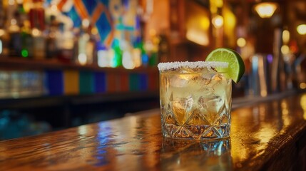 Tequila with Lime and Salt Rim on Mexican Bar Counter. AI generated illustration