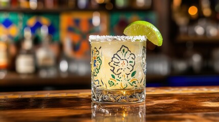 Tequila with Lime and Salt Rim on Mexican Bar Counter. AI generated illustration